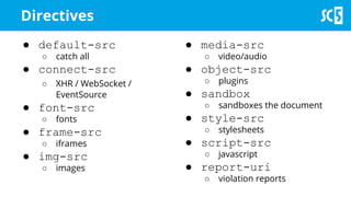 ● media-src
○ video/audio
● object-src
○ plugins
● sandbox
○ sandboxes the document
● style-src
○ stylesheets
● script-src
○ javascript
● report-uri
○ violation reports
Directives
● default-src
○ catch all
● connect-src
○ XHR / WebSocket /
EventSource
● font-src
○ fonts
● frame-src
○ iframes
● img-src
○ images
 