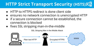 ● HTTP to HTTPS redirect is done client side
● ensures no network connection is unencrypted HTTP
● if a secure connection cannot be established, the
connection is blocked
● fixes SSL stripping man-in-the-middle
HTTP Strict Transport Security (HSTS)
WWW
SSL Stripping Man in the Middle Attack
Plain text HTTP Encrypted HTTPS
 