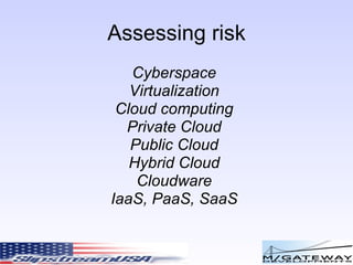 Assessing risk Cyberspace Virtualization Cloud computing Private Cloud Public Cloud Hybrid Cloud Cloudware IaaS, PaaS, SaaS 
