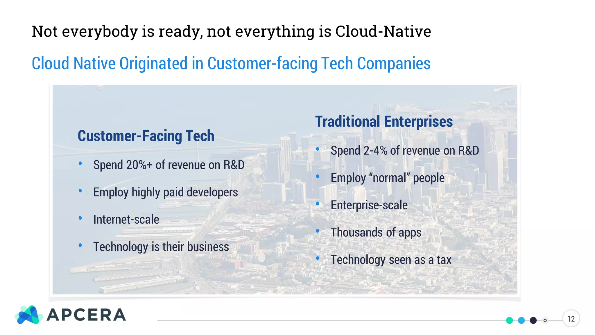 Not everybody is ready, not everything is Cloud-Native
Cloud Native Originated in Customer-facing Tech Companies
12
Customer-Facing Tech
• Spend 20%+ of revenue on R&D
• Employ highly paid developers
• Internet-scale
• Technology is their business
Traditional Enterprises
• Spend 2-4% of revenue on R&D
• Employ “normal” people
• Enterprise-scale
• Thousands of apps
• Technology seen as a tax
 