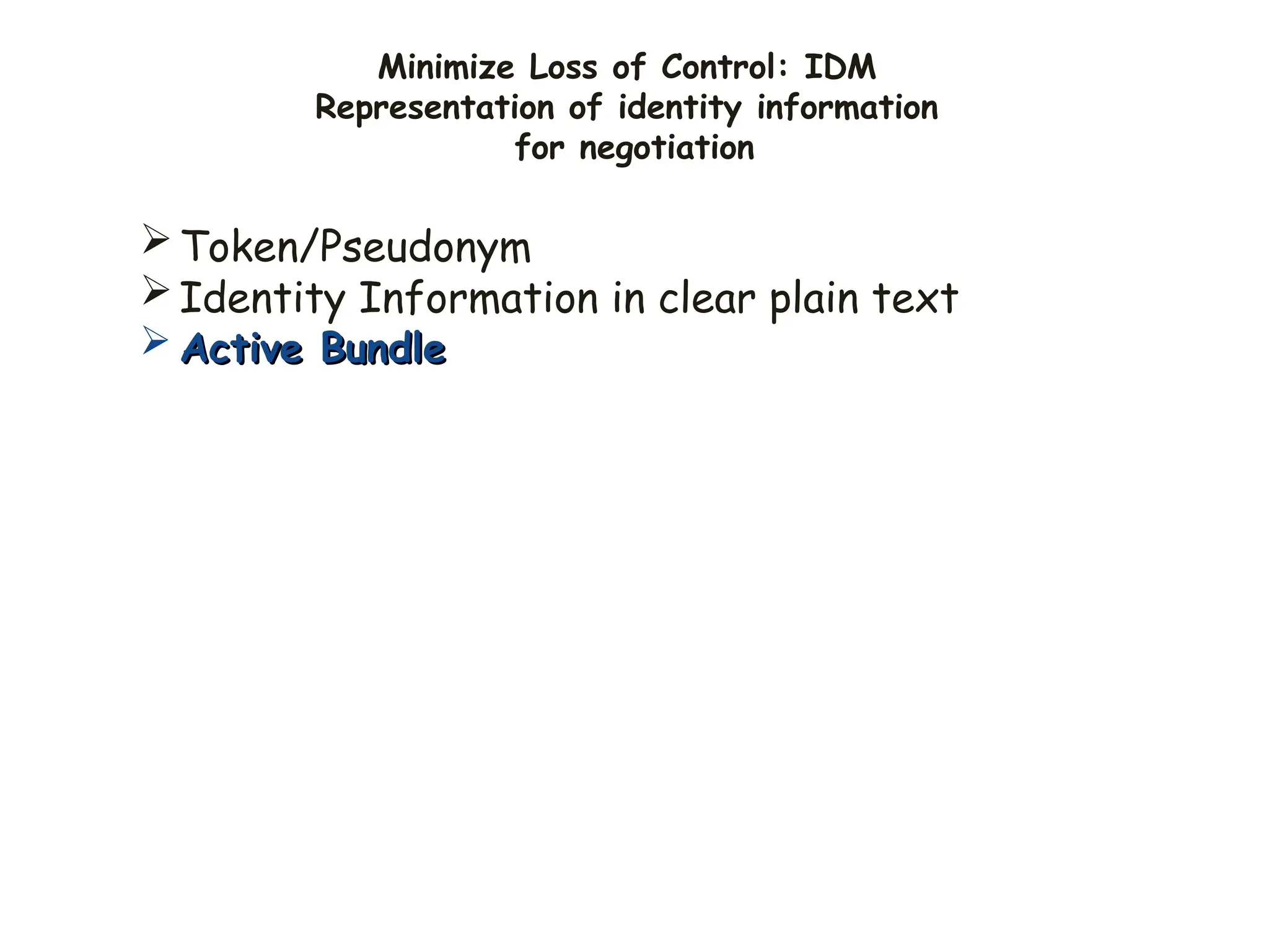 Minimize Loss of Control: IDM
Representation of identity information
for negotiation
Token/Pseudonym
Identity Information in clear plain text
 Active Bundle
Active Bundle
 