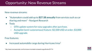 Opportunity: New Revenue Streams
New revenue streams:
● “Automakers could add up to $27.1B annually from services such as car
sharing and more” - Navigant Research
● Tesla
○ OTA update system for easy upgrades after purchase.
○ Autopilot (semi-autonomous) feature: $2,500 USD at order; $3,000
USD upgrade.
Free features:
● Increased automobile range during Hurricane Irma1
1
http://www.businessinsider.com/hurricane-irma-tesla-increased-range-florida-2017-9
 