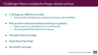 Challenge: More complexity/larger attack surface
● 1-25 bugs per 1000 lines of code*
○ Assume that all software components have vulnerabilities
● Rely on well-maintained software and keep it updated
○ Open source vs. proprietary is a red herring
○ Do not build all the software in-house
● Principle of least privilege
● Separation of privilege
● Kerckhoff’s principle
*Source: Steve McConnell, Code Complete
 