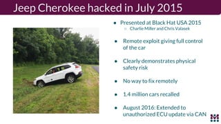 Jeep Cherokee hacked in July 2015
● Presented at Black Hat USA 2015
○ Charlie Miller and Chris Valasek
● Remote exploit giving full control
of the car
● Clearly demonstrates physical
safety risk
● No way to fix remotely
● 1.4 million cars recalled
● August 2016: Extended to
unauthorized ECU update via CAN
 