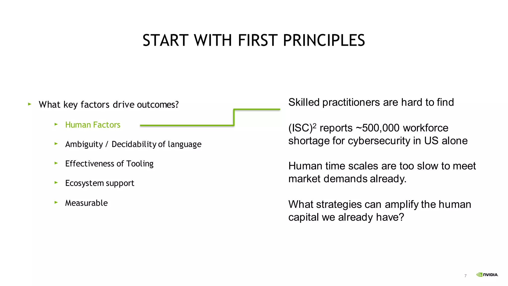 7
START WITH FIRST PRINCIPLES
What key factors drive outcomes?
Human Factors
Ambiguity / Decidability of language
Effectiveness of Tooling
Ecosystem support
Measurable
Skilled practitioners are hard to find
(ISC)2 reports ~500,000 workforce
shortage for cybersecurity in US alone
Human time scales are too slow to meet
market demands already.
What strategies can amplify the human
capital we already have?
 