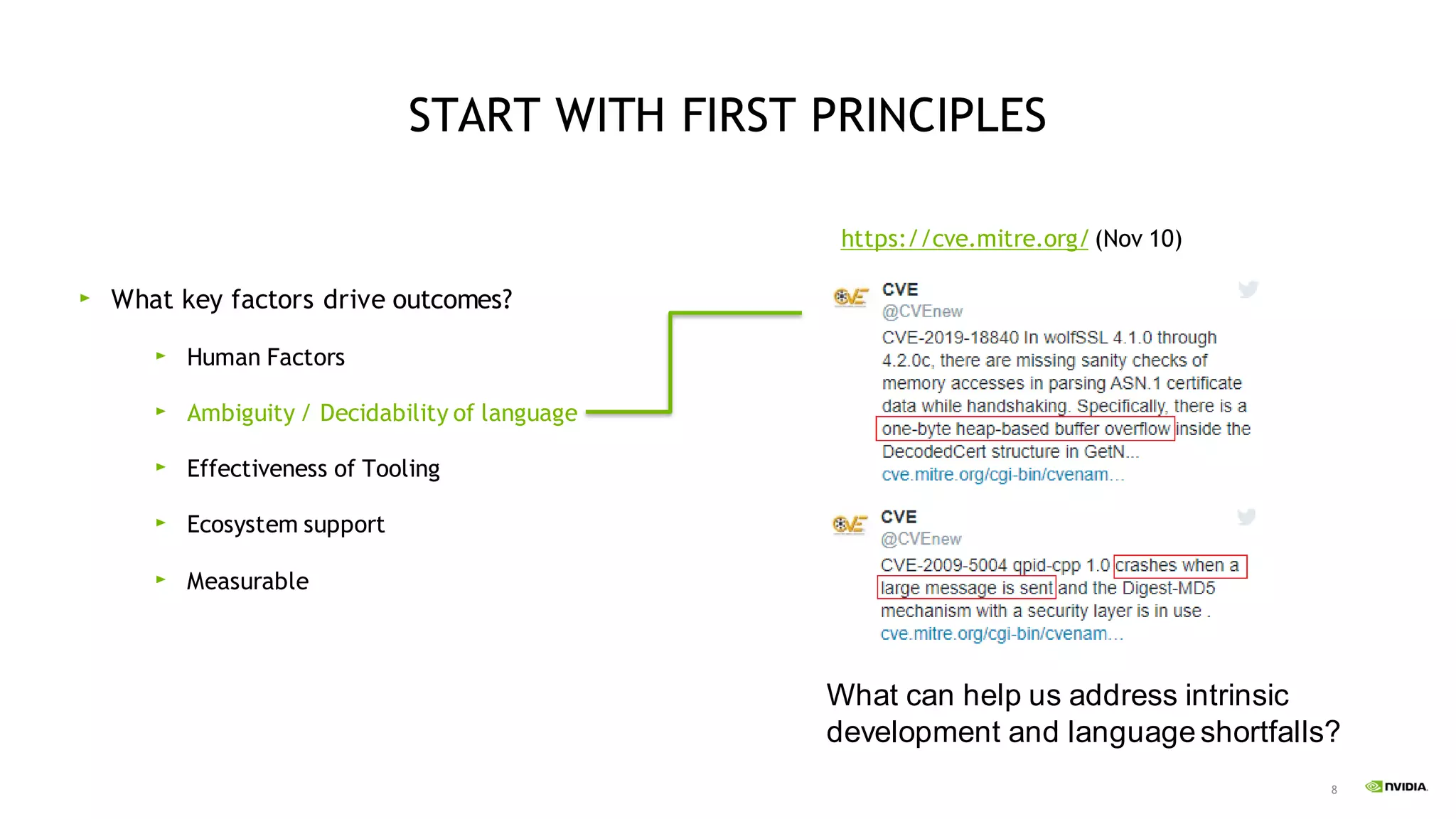 8
What can help us address intrinsic
development and language shortfalls?
START WITH FIRST PRINCIPLES
What key factors drive outcomes?
Human Factors
Ambiguity / Decidability of language
Effectiveness of Tooling
Ecosystem support
Measurable
https://cve.mitre.org/(Nov 10)
 