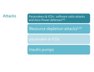 Attacks Pacemakers & ICDs : software radio attacks 
and Zero-Power defenses[26] 
Resource depletion attacks[27] 
pacemaker or ICDs 
Insulin pumps 
 