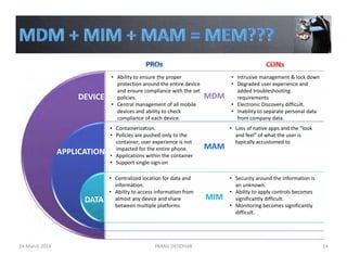 MAM
MIM
24 March 2014 PARAG DEODHAR 14
DEVICE
APPLICATION
DATA
• Ability to ensure the proper 
protection around the entire device 
and ensure compliance with the set 
policies.
• Central management of all mobile 
devices and ability to check 
compliance of each device.
• Security around the information is 
an unknown.
• Ability to apply controls becomes 
significantly difficult.
• Monitoring becomes significantly 
difficult.
• Centralized location for data and 
information.
• Ability to access information from 
almost any device and share 
between multiple platforms
• Loss of native apps and the “look 
and feel” of what the user is 
typically accustomed to
• Intrusive management & lock down
• Degraded user experience and 
added troubleshooting 
requirements
• Electronic Discovery difficult.
• Inability to separate personal data 
from company data.
• Containerization.
• Policies are pushed only to the 
container; user experience is not 
impacted for the entire phone.
• Applications within the container 
• Support single‐sign‐on 
 