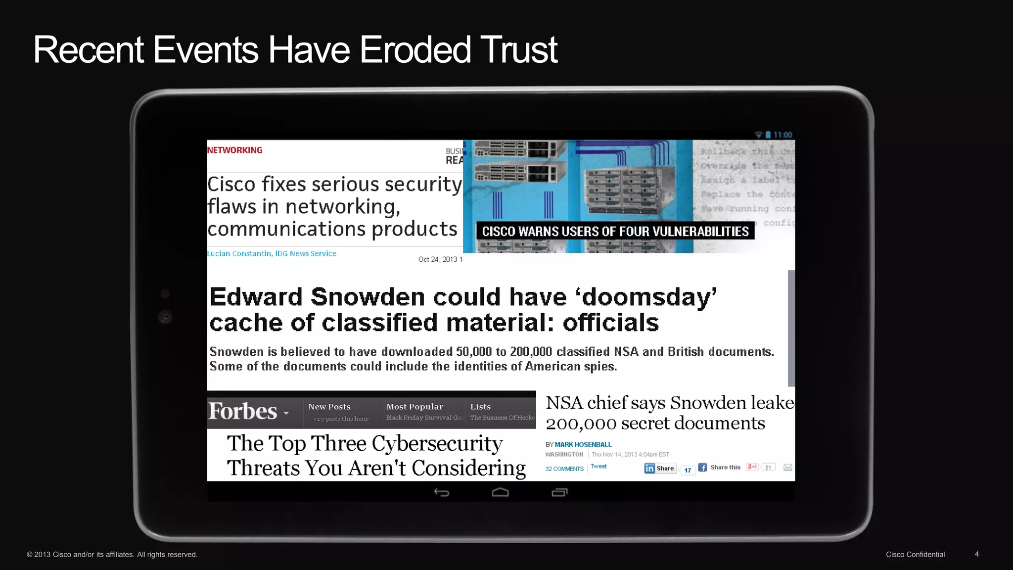 © 2013 Cisco and/or its affiliates. All rights reserved. Cisco Confidential 4
Recent Events Have Eroded Trust
 