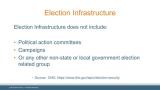© 2018 Denim Group – All Rights Reserved
Election Infrastructure
Election Infrastructure does not include:
• Political act...