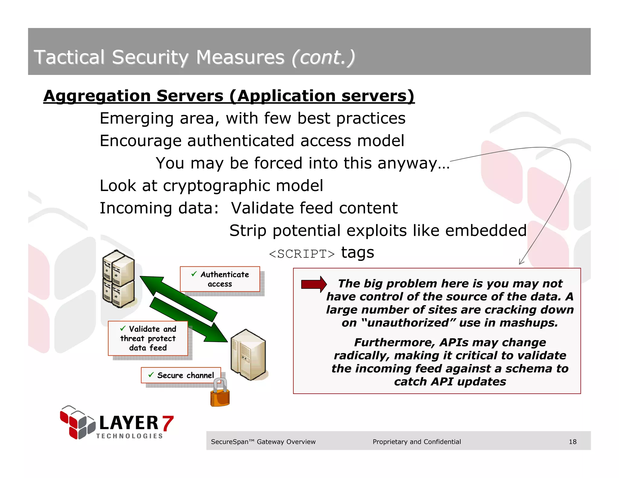 Tactical Security Measures (cont.)

Aggregation Servers (Application servers)
     Emerging area, with few best practices
     Encourage authenticated access model
            You may be forced into this anyway…
     Look at cryptographic model
     Incoming data: Validate feed content
                     Strip potential exploits like embedded
                          <SCRIPT> tags
                            Authenticate
                             Authenticate
                             access
                               access                           The big problem here is you may not
                                                              have control of the source of the data. A
                                                              large number of sites are cracking down
           Validate and
                                                                 on “unauthorized” use in mashups.
            Validate and
         threat protect
          threat protect
           data feed
                                                                  Furthermore, APIs may change
            data feed
                                                              radically, making it critical to validate
                                                              the incoming feed against a schema to
                  Secure channel
                   Secure channel                                        catch API updates


                                                                                                    January 2007

                               SecureSpan™ Gateway Overview          Proprietary and Confidential             18
 