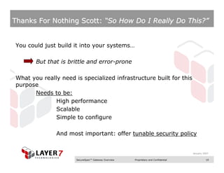 Thanks For Nothing Scott: “So How Do I Really Do This?”


You could just build it into your systems…

       But that is brittle and error-prone

What you really need is specialized infrastructure built for this
purpose
      Needs to be:
              High performance
              Scalable
              Simple to configure

              And most important: offer tunable security policy


                                                                                    January 2007

                      SecureSpan™ Gateway Overview   Proprietary and Confidential             19
 