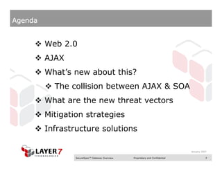 Agenda


         Web 2.0
         AJAX
         What’s new about this?
           The collision between AJAX & SOA
         What are the new threat vectors
         Mitigation strategies
         Infrastructure solutions

                                                                               January 2007

                 SecureSpan™ Gateway Overview   Proprietary and Confidential              3
 
