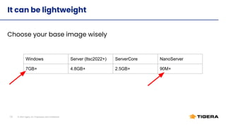 © 2022 Tigera, Inc. Proprietary and Conﬁdential
13
Choose your base image wisely
It can be lightweight
Windows Server (ltsc2022+) ServerCore NanoServer
7GB+ 4.8GB+ 2.5GB+ 90M+
 