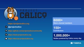 https://projectcalico.org
https://slack.projectcalico.org
@projectcalico
https://github.com/projectcalico/community
https://discuss.projectcalico.org
6000+
Slack channel members
150+
Contributors
1,000,000+
Nodes powered by Calico every day
 
