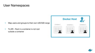 User Namespaces
• Map users and groups to their own UID/GID range
• TL;DR - Root in a container is not root
outside a container
Docker Host
Container 1 Container 2 Container 3
 