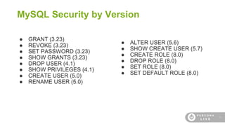 12
MySQL Security by Version
● GRANT (3.23)
● REVOKE (3.23)
● SET PASSWORD (3.23)
● SHOW GRANTS (3.23)
● DROP USER (4.1)
● SHOW PRIVILEGES (4.1)
● CREATE USER (5.0)
● RENAME USER (5.0)
● ALTER USER (5.6)
● SHOW CREATE USER (5.7)
● CREATE ROLE (8.0)
● DROP ROLE (8.0)
● SET ROLE (8.0)
● SET DEFAULT ROLE (8.0)
 