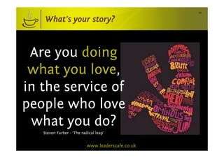 24


    What’s your story?



 Are you doing
 what you love,
in the service of
people who love
 what you do?
   Steven Farber - ‘The radical leap’


                           www.leaderscafe.co.uk
 