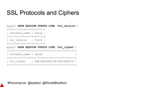 #PerconaLive @bytebot @RonaldBradford
SSL Protocols and Ciphers
mysql> SHOW SESSION STATUS LIKE 'Ssl_version';
+---------------+-------+
| Variable_name | Value |
+---------------+-------+
| Ssl_version | TLSv1 |
+---------------+-------+
mysql> SHOW SESSION STATUS LIKE 'Ssl_cipher';
+---------------+---------------------------+
| Variable_name | Value |
+---------------+---------------------------+
| Ssl_cipher | DHE-RSA-AES128-GCM-SHA256 |
+---------------+---------------------------+
 