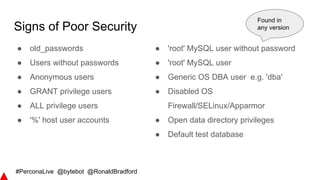 #PerconaLive @bytebot @RonaldBradford
Signs of Poor Security
● old_passwords
● Users without passwords
● Anonymous users
● GRANT privilege users
● ALL privilege users
● '%' host user accounts
● 'root' MySQL user without password
● 'root' MySQL user
● Generic OS DBA user e.g. 'dba'
● Disabled OS
Firewall/SELinux/Apparmor
● Open data directory privileges
● Default test database
Found in
any version
 