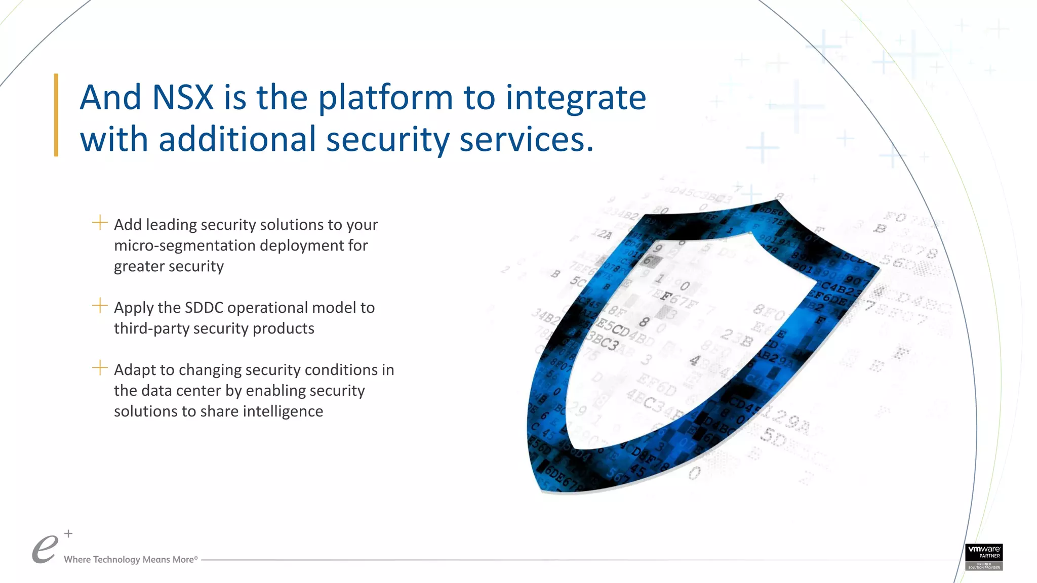 And NSX is the platform to integrate
with additional security services.
＋ Add leading security solutions to your
micro-segmentation deployment for
greater security
＋ Apply the SDDC operational model to
third-party security products
＋ Adapt to changing security conditions in
the data center by enabling security
solutions to share intelligence
 