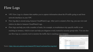 Flow Logs
● VPC Flow Logs is a feature that enables you to capture information about the IP traffic going to and from
network interfaces in your VPC
● Flow log data is stored using Amazon CloudWatch Logs. After you've created a flow log, you can view and
retrieve its data in Amazon CloudWatch Logs.
● Flow logs can help you with a number of tasks; for example, to troubleshoot why specific traffic is not
reaching an instance, which in turn can help you diagnose overly restrictive security group rules. You can also
use flow logs as a security tool to monitor the traffic that is reaching your instance.
Source: https://docs.aws.amazon.com/AmazonVPC/latest/UserGuide/flow-logs.html
 