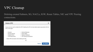 VPC Cleanup
Deleting created Subnets, SG, NACLs, IGW, Route Tables, NIC and VPC Peering
connections.
 