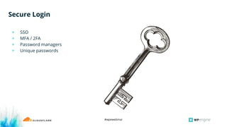 #wpewebinar
+ SSO
+ MFA / 2FA
+ Password managers
+ Unique passwords
Secure Login
 