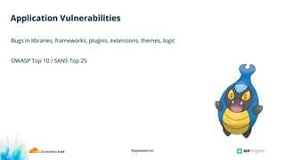#wpewebinar
Bugs in libraries, frameworks, plugins, extensions, themes, logic
OWASP Top 10 / SANS Top 25
Application Vulnerabilities
 