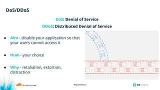 #wpewebinar
DoS: Denial of Service
DDoS: Distributed Denial of Service
DoS/DDoS
● Aim - disable your application so that
your users cannot access it
● How - your choice
● Why - retaliation, extortion,
distraction
 