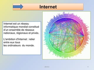 Internet
Internet est un réseau
informatique mondial constitué
d’un ensemble de réseaux
nationaux, régionaux et privés.
L'ambition d'Internet : relier
entre eux tous
les ordinateurs du monde.
8@telier
 