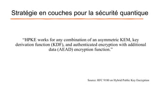 Stratégie en couches pour la sécurité quantique
“HPKE works for any combination of an asymmetric KEM, key
derivation function (KDF), and authenticated encryption with additional
data (AEAD) encryption function.”
Source: RFC 9180 on Hybrid Public Key Encryption
 