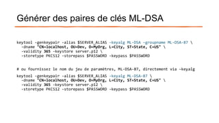 Générer des paires de clés ML-DSA
keytool -genkeypair -alias $SERVER_ALIAS -keyalg ML-DSA –groupname ML-DSA-87 
-dname "CN=localhost, OU=Dev, O=MyOrg, L=City, ST=State, C=US" 
-validity 365 -keystore server.p12 
-storetype PKCS12 -storepass $PASSWORD -keypass $PASSWORD
# ou fournissez le nom du jeu de paramètres, ML-DSA-87, directement via –keyalg
keytool -genkeypair -alias $SERVER_ALIAS -keyalg ML-DSA-87 
-dname "CN=localhost, OU=Dev, O=MyOrg, L=City, ST=State, C=US" 
-validity 365 -keystore server.p12 
-storetype PKCS12 -storepass $PASSWORD -keypass $PASSWORD
 