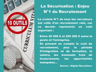 La Sécurisation : Enjeu
N°1 du Recrutement
La crainte N°1 de tous les recruteurs
est celle d'un recrutement raté, car
ce dernier représente un coût
important :
●
Entre 20 000 € et 200 000 € selon le
poste et l’entreprise.
●
En prenant en compte le coût du
recrutement, plus la période
d’intégration et de formation, le
salaire, les éventuels frais de
licenciement, les opportunités
manquées…
Source : Digital Recruiters.
 