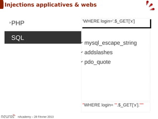 Injections applicatives & webs

                                  'WHERE login='.$_GET['x']
 ➢
  PHP                              'WHERE login='.$_GET['x']


 ➢
  SQL
                                  ✔
                                      mysql_escape_string
                                  ✔
                                      addslashes
                                  ✔
                                      pdo_quote




                                  "WHERE login= '".$_GET['x']."'"

     nAcademy – 28 Février 2013
 