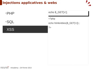 Injections applicatives & webs

                                  echo $_GET['x'];
 ➢
  PHP                             echo $_GET['x'];

                                  <?php
 ➢
  SQL                             echo htmlentities($_GET['x']) ;
                                  ?>
 ➢
  XSS




     nAcademy – 28 Février 2013
 