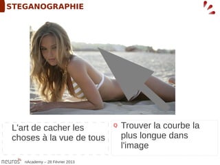 STEGANOGRAPHIE




L'art de cacher les             Q   Trouver la courbe la
choses à la vue de tous             plus longue dans
                                    l'image
   nAcademy – 28 Février 2013
 