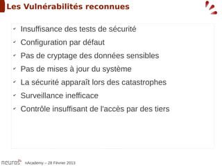 Les Vulnérabilités reconnues

 ✔
     Insuffisance des tests de sécurité
 ✔
     Configuration par défaut
 ✔
     Pas de cryptage des données sensibles
 ✔
     Pas de mises à jour du système
 ✔
     La sécurité apparaît lors des catastrophes
 ✔
     Surveillance inefficace
 ✔
     Contrôle insuffisant de l'accès par des tiers




      nAcademy – 28 Février 2013
 