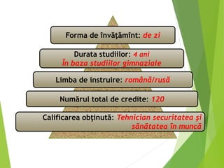 Forma de învăţămînt: de zi
Limba de instruire: română/rusă
Numărul total de credite: 120
Calificarea obţinută: Tehnician securitatea şi
sănătatea în muncă
Durata studiilor: 4 ani
În baza studiilor gimnaziale
 