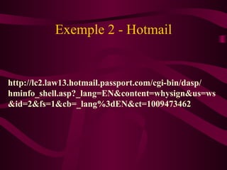 Exemple 2 - Hotmail http://lc2.law13.hotmail.passport.com/cgi-bin/dasp/ hminfo_shell.asp?_lang=EN&content=whysign&us=ws &id=2&fs=1&cb=_lang%3dEN&ct=1009473462 