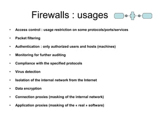 Firewalls : usages
• Access control : usage restriction on some protocols/ports/services
• Packet filtering
• Authentication : only authorized users and hosts (machines)
• Monitoring for further auditing
• Compliance with the specified protocols
• Virus detection
• Isolation of the internal network from the Internet
• Data encryption
• Connection proxies (masking of the internal network)
• Application proxies (masking of the « real » software)
 