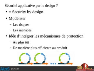 @hellosct1
Sécurité applicative par le design ?
●
= Security by design
●
Modéliser
– Les risques
– Les menaces
●
Idée d’intégrer les mécanismes de protection
– Au plus tôt
– De manière plus efficiente au produit
 