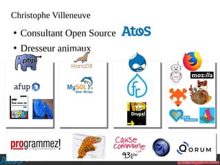 @hellosct1
Atos open source - afup – lemug.fr – mariadb – drupal – mozilla - firefox – lemugfr - sumo – webextensions – VR – AR – XR - Cause commune 93.1 FM - TechSpeaker - Lizard - eyrolles – editions eni – programmez – linux pratique – webriver – elephpant - CommonVoice – Sécurité -
Cybersécurité
Christophe Villeneuve
●
Consultant Open Source
●
Dresseur animaux
 