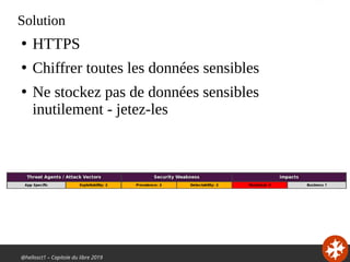 @hellosct1 – Capitole du libre 2019
Solution
●
HTTPS
●
Chiffrer toutes les données sensibles
●
Ne stockez pas de données sensibles
inutilement - jetez-les
 