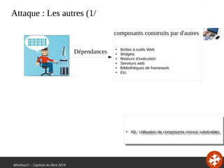 @hellosct1 – Capitole du libre 2019
Attaque : Les autres (1/
●
A9 - Utilisation de composants connus vulnérables
●
A9 - Utilisation de composants connus vulnérables
●
Boîtes à outils Web
●
Widgets
●
Moteurs d'exécution
●
Serveurs web
●
Bibliothèques de framework
●
Etc.
composants construits par d'autres
Dépendances
 