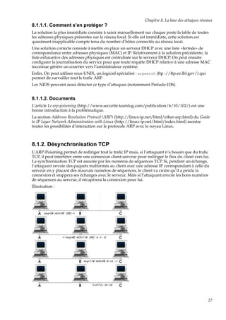 Chapitre 8. La base des attaques réseaux

8.1.1.1. Comment s’en protéger ?
La solution la plus immédiate consiste à saisir manuellement sur chaque poste la table de toutes
les adresses physiques présentes sur le réseau local. Si elle est immédiate, cette solution est
quasiment inapplicable compte tenu du nombre d’hôtes connectés au réseau local.
Une solution correcte consiste à mettre en place un serveur DHCP avec une liste «fermée» de
correspondance entre adresses physiques (MAC) et IP. Relativement à la solution précédente, la
liste exhaustive des adresses physiques est centralisée sur le serveur DHCP. On peut ensuite
conﬁgurer la journalisation du service pour que toute requête DHCP relative à une adresse MAC
inconnue génère un courrier vers l’aministrateur système.
Enﬁn, On peut utiliser sous UNIX, un logiciel spécialisé : arpwatch (ftp ://ftp.ee.lbl.gov/) qui
permet de surveiller tout le traﬁc ARP.
Les NIDS peuvent aussi détecter ce type d’attaques (notamment Prelude-IDS).

8.1.1.2. Documents
L’article Le arp-poisoning (http://www.securite.teamlog.com/publication/6/10/102/) est une
bonne introduction à la problématique.
La section Addresss Resolution Protocol (ARP) (http://linux-ip.net/html/ether-arp.html) du Guide
to IP Layer Network Administration with Linux (http://linux-ip.net/html/index.html) montre
toutes les possibilités d’interaction sur le protocole ARP avec le noyau Linux.

8.1.2. Désynchronisation TCP
L’ARP-Poisining permet de rediriger tout le traﬁc IP mais, si l’attaquant n’a besoin que du traﬁc
TCP, il peut interférer entre une connexion client-serveur pour rediriger le ﬂux du client vers lui.
La synchronisation TCP est assurée par les numéros de séquences TCP. Si, pendant un échange,
l’attaquant envoie des paquets malformés au client avec une adresse IP correspondant à celle du
serveur en y placant des mauvais numéros de séquences, le client va croire qu’il a perdu la
connexion et stoppera ses échanges avec le serveur. Mais si l’attaquant envoie les bons numéros
de séquences au serveur, il récupèrera la connexion pour lui.
Illustration :

27

 