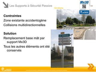 Les Supports à Sécurité Passive

39

Giratoire

Contraintes
Zone existante accidentogène
Collisions multidirectionnelles

Solution
Remplacement base mât par
support Mx3D
Tous les autres éléments ont été
conservés

Ce document est la propriété de LACROIX SIGNALISATION et ne peut être reproduit ou communiqué sans autorisation

 
