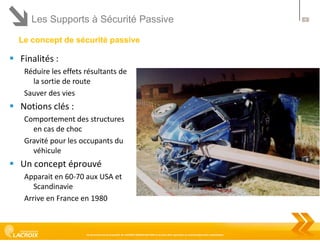 Les Supports à Sécurité Passive
Le concept de sécurité passive

 Finalités :
Réduire les effets résultants de
la sortie de route
Sauver des vies

 Notions clés :
Comportement des structures
en cas de choc
Gravité pour les occupants du
véhicule

 Un concept éprouvé
Apparait en 60-70 aux USA et
Scandinavie
Arrive en France en 1980

Ce document est la propriété de LACROIX SIGNALISATION et ne peut être reproduit ou communiqué sans autorisation

8

 