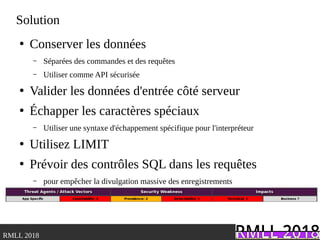 .RMLL 2018
Solution
●
Conserver les données
– Séparées des commandes et des requêtes
– Utiliser comme API sécurisée
●
Valider les données d'entrée côté serveur
●
Échapper les caractères spéciaux
– Utiliser une syntaxe d'échappement spécifique pour l'interpréteur
●
Utilisez LIMIT
●
Prévoir des contrôles SQL dans les requêtes
– pour empêcher la divulgation massive des enregistrements
 