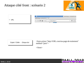 .RMLL 2018
Attaque côté front : scénario 2
●
URL
●
URL
Copier / Coller → Disque durCopier / Coller → Disque dur
<form action="http://URL.com/ma-page-de-traitement"
method="post">
</form>
 